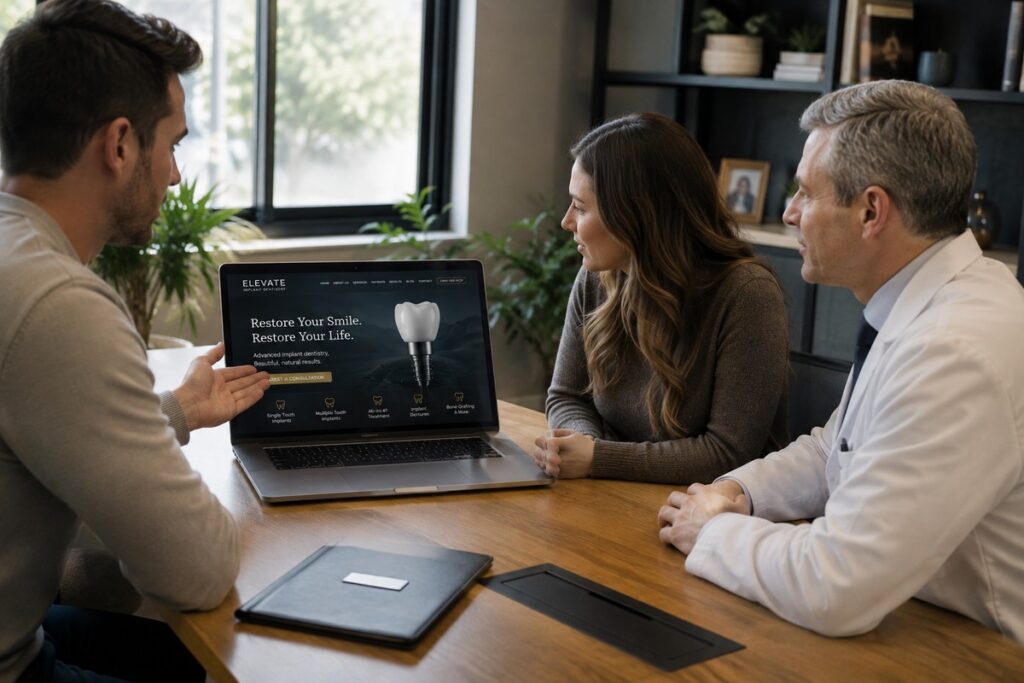 Parrot Branding web developers presenting a custom dental implant website to an implant dentist.
