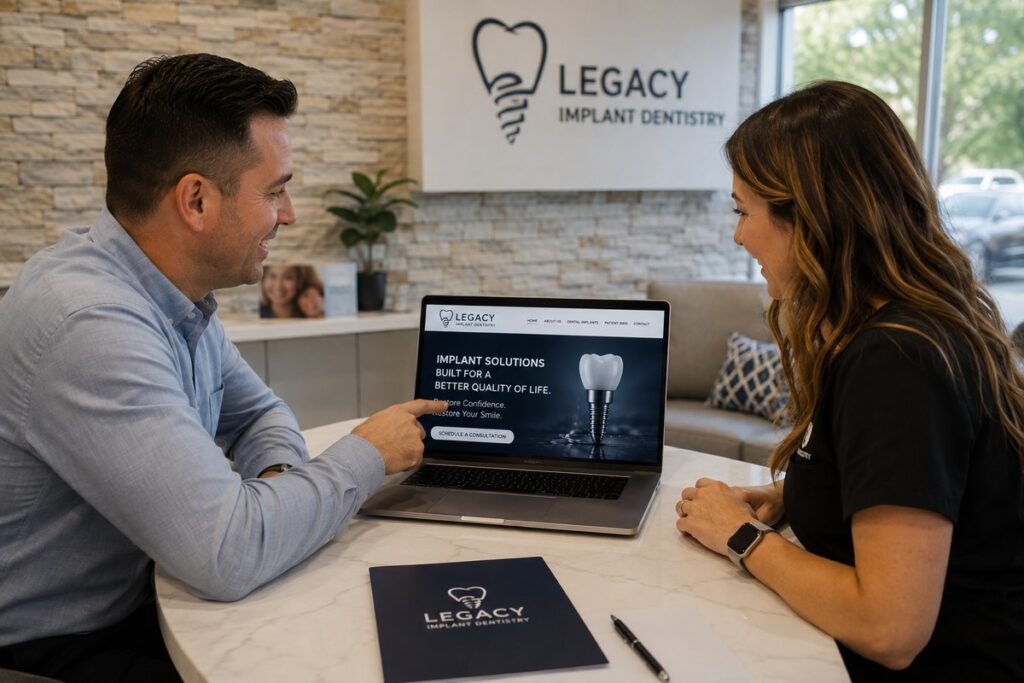 Parrot Branding web developer reviewing a dental implant website with an implant specialist.