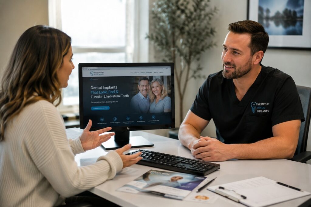 Parrot Branding web consultant discussing a dental implant website with an implant dentist.
