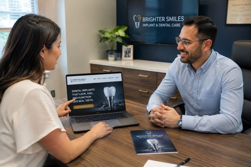 Parrot Branding web developer presenting a dental implant website to a dental implant specialist.