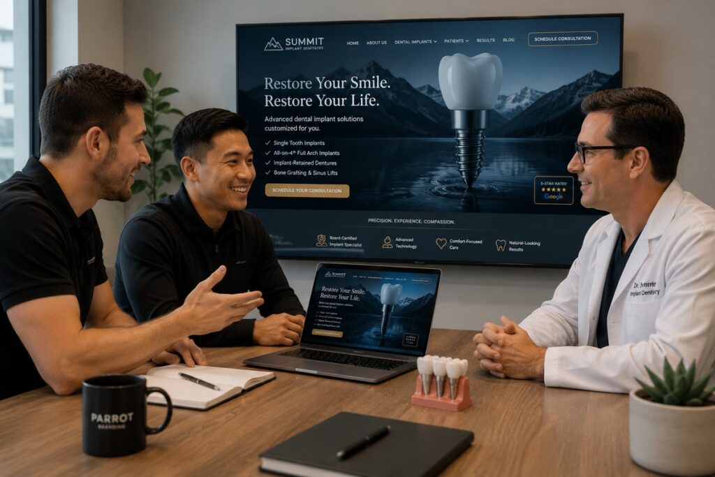 Parrot Branding web developers presenting a custom dental implant website to an implant specialist.