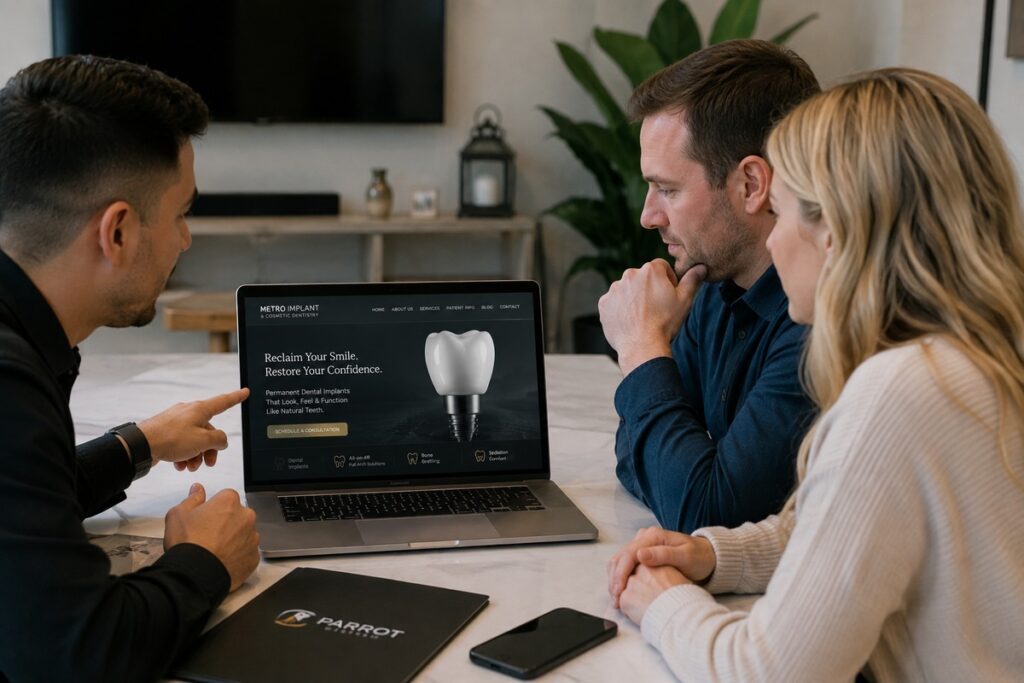 Parrot Branding web developers presenting a custom dental implant website to an implant dentist.