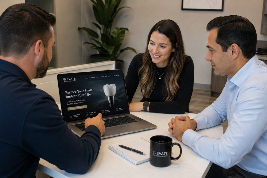 Parrot Branding web developers reviewing a dental implant website with an implant dentist.