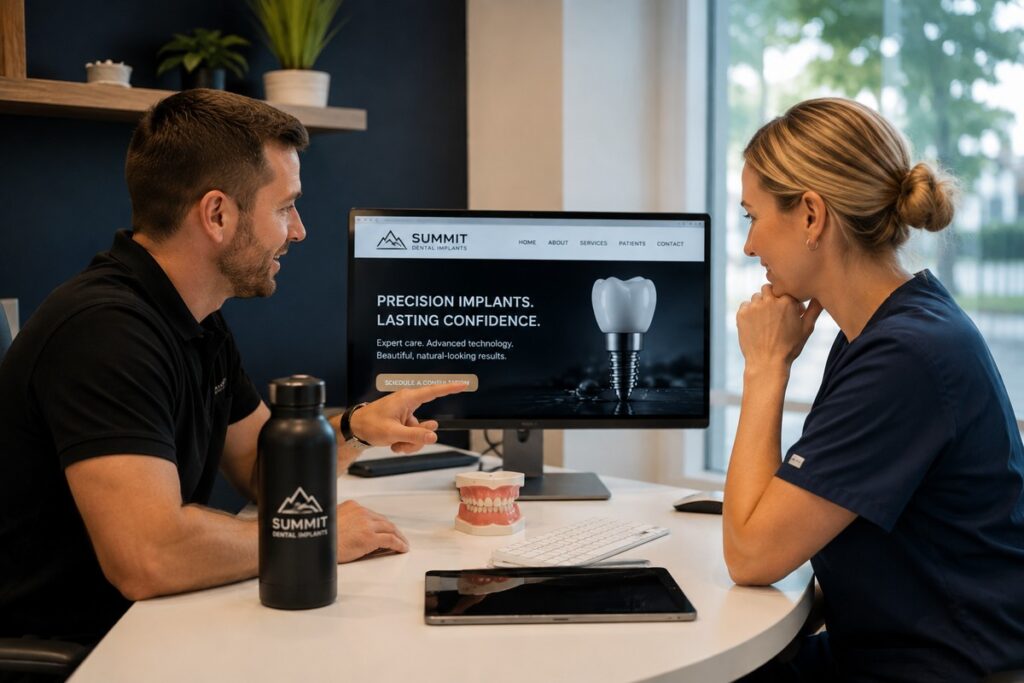 Parrot Branding web developer presenting a dental implant website to a dental implant specialist.