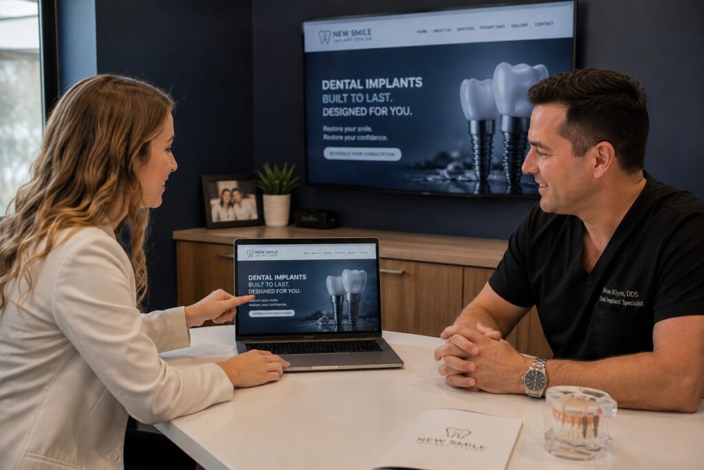 Parrot Branding web developer presenting a dental implant website to an implant specialist.