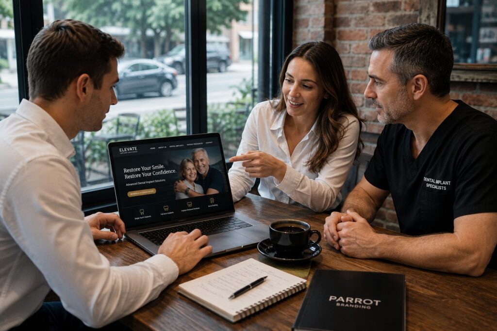 Parrot Branding web developers presenting a dental implant website to an implant specialist.