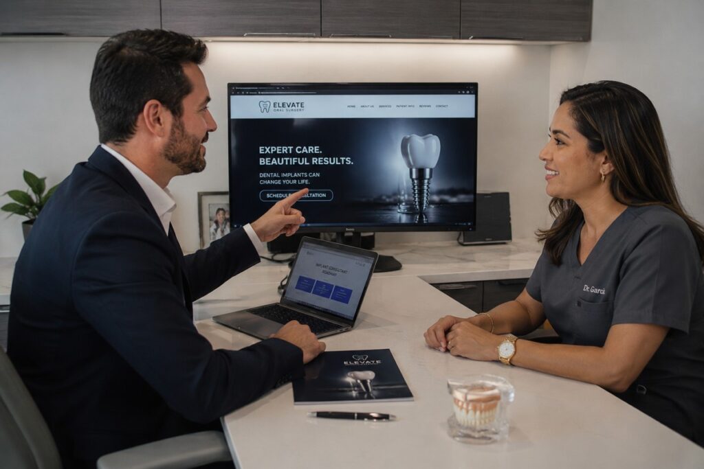 Parrot Branding web developer presenting a dental implant website to a dental implant specialist.