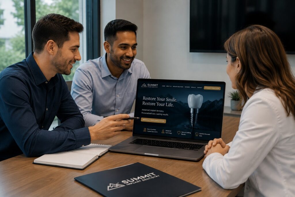 Parrot Branding web developers presenting a custom dental implant website to an implant dentist.