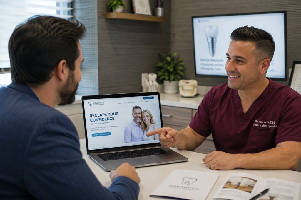 Parrot Branding web developer reviewing a dental implant website with a dental implant specialist.