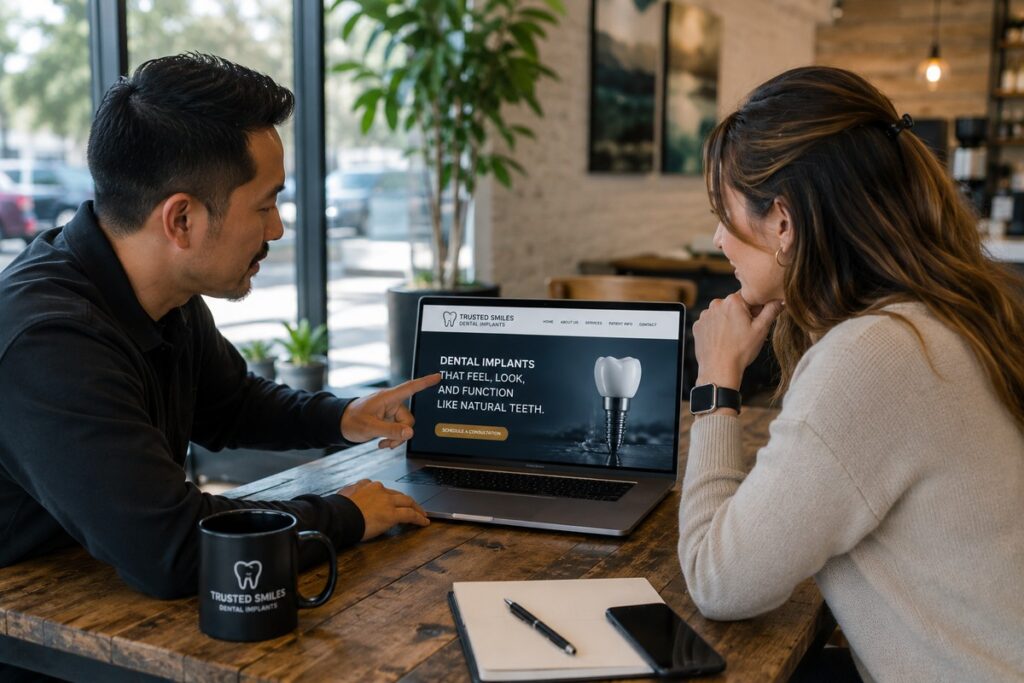 Parrot Branding web developer presenting a dental implant website to an implant specialist.