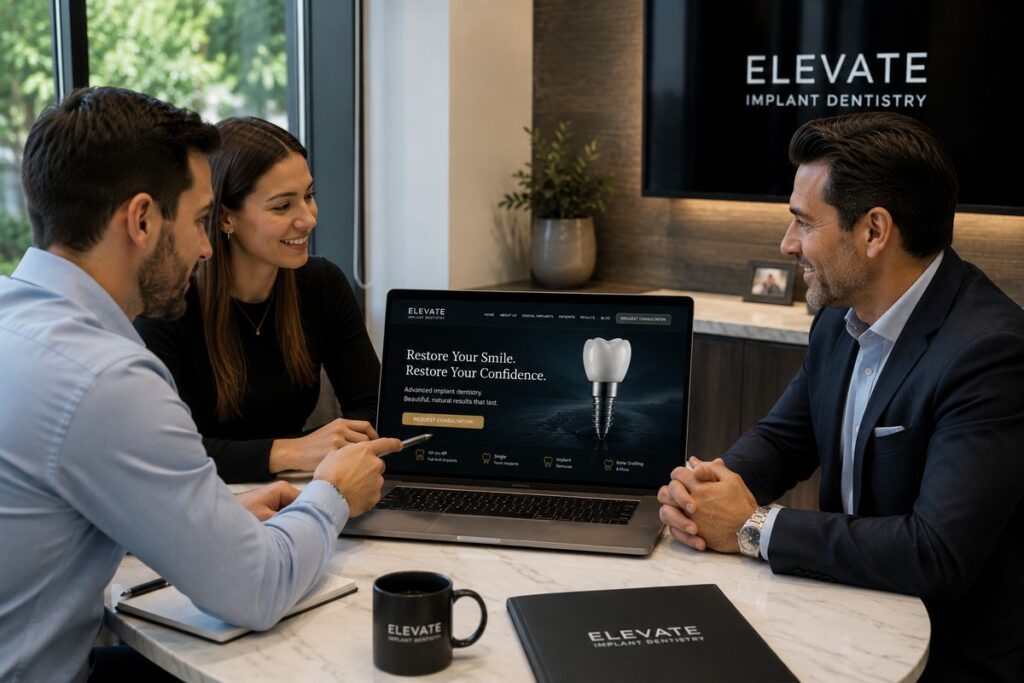 Parrot Branding web developers presenting a custom dental implant website to an implant dentist.