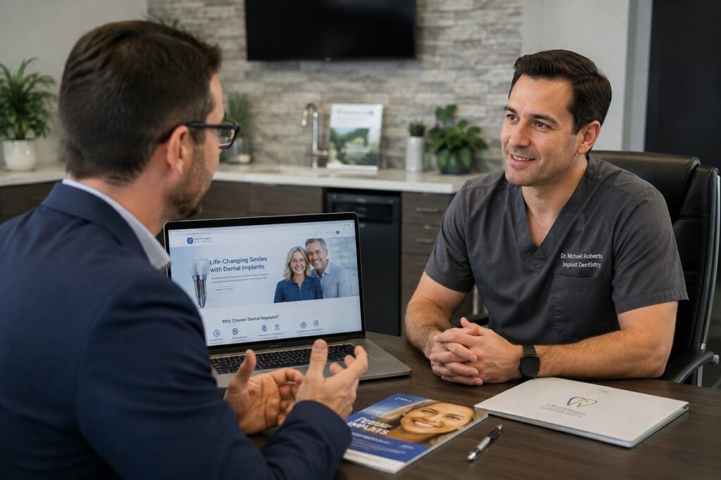 Parrot Branding web developer presenting a dental implant website to an implant dentist.