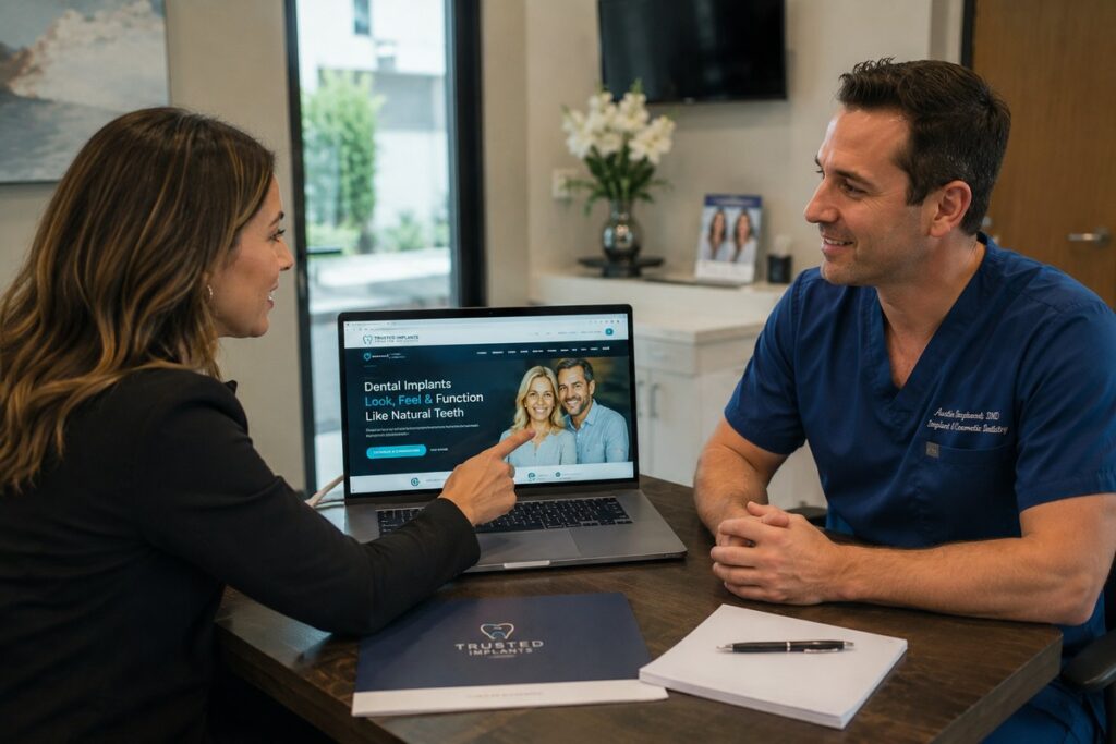 Parrot Branding web developer presenting a dental implant website to an implant dentist.