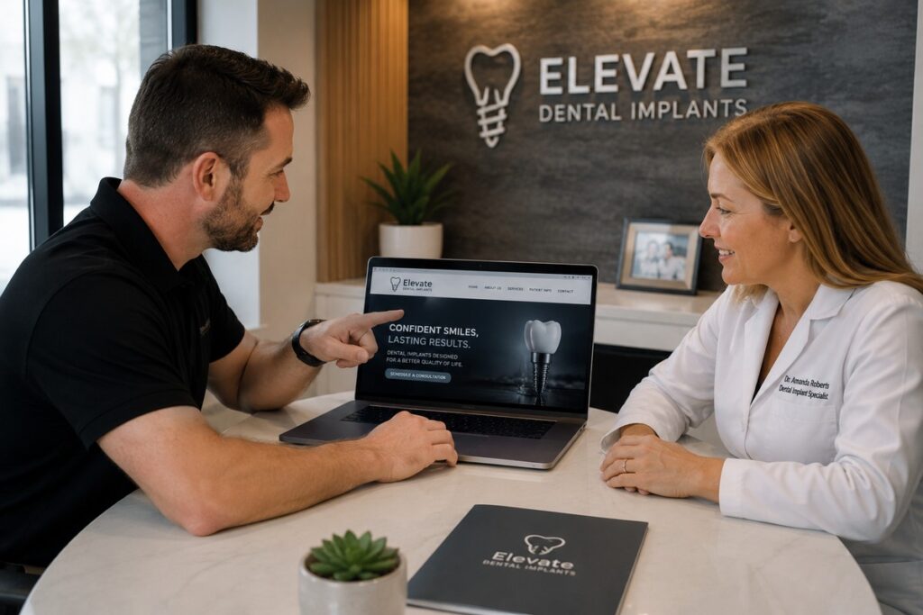 Parrot Branding web developer presenting a dental implant website to a dental implant specialist.