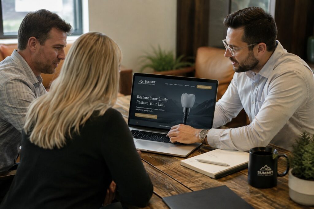 Parrot Branding web developers reviewing a custom dental implant website with an implant dentist.