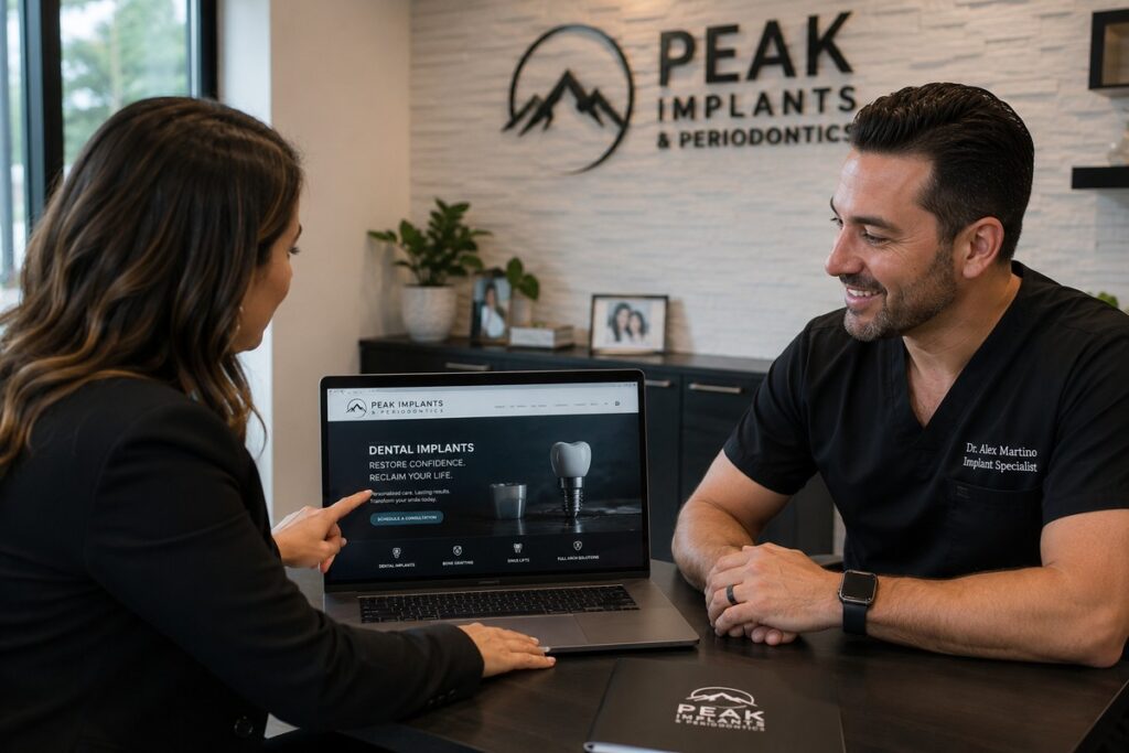Parrot Branding web developer presenting a dental implant website to an implant specialist.