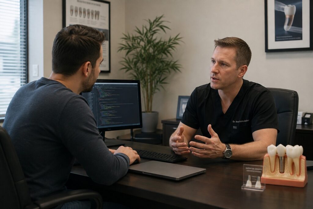 Web developer consulting with a dental implant business owner on website development and digital marketing.