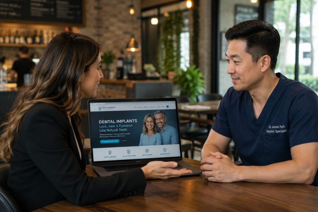 Parrot Branding web developer presenting a dental implant website to a dental implant specialist.