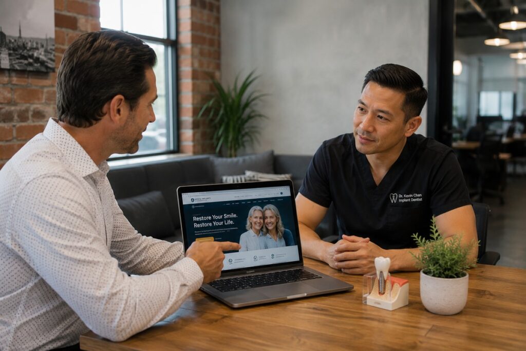 Parrot Branding web developer presenting a dental implant website to an implant dentist.