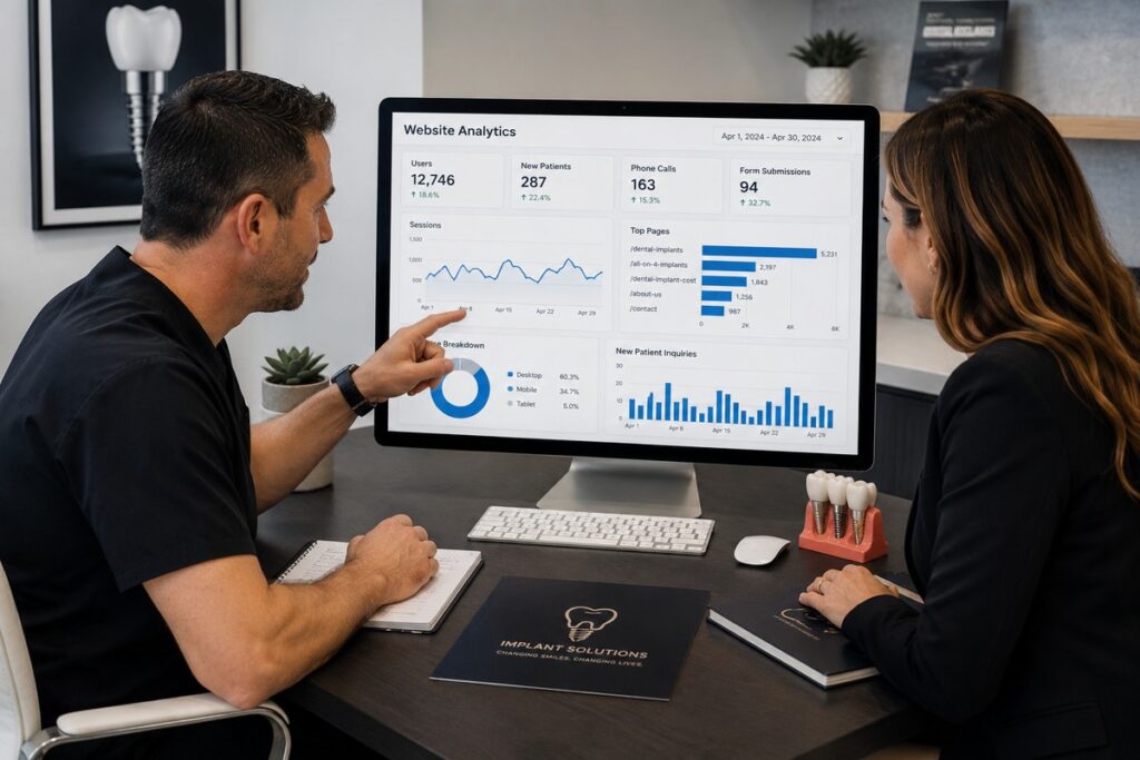 Dental implant specialist reviewing website analytics and patient lead performance with Parrot Branding.