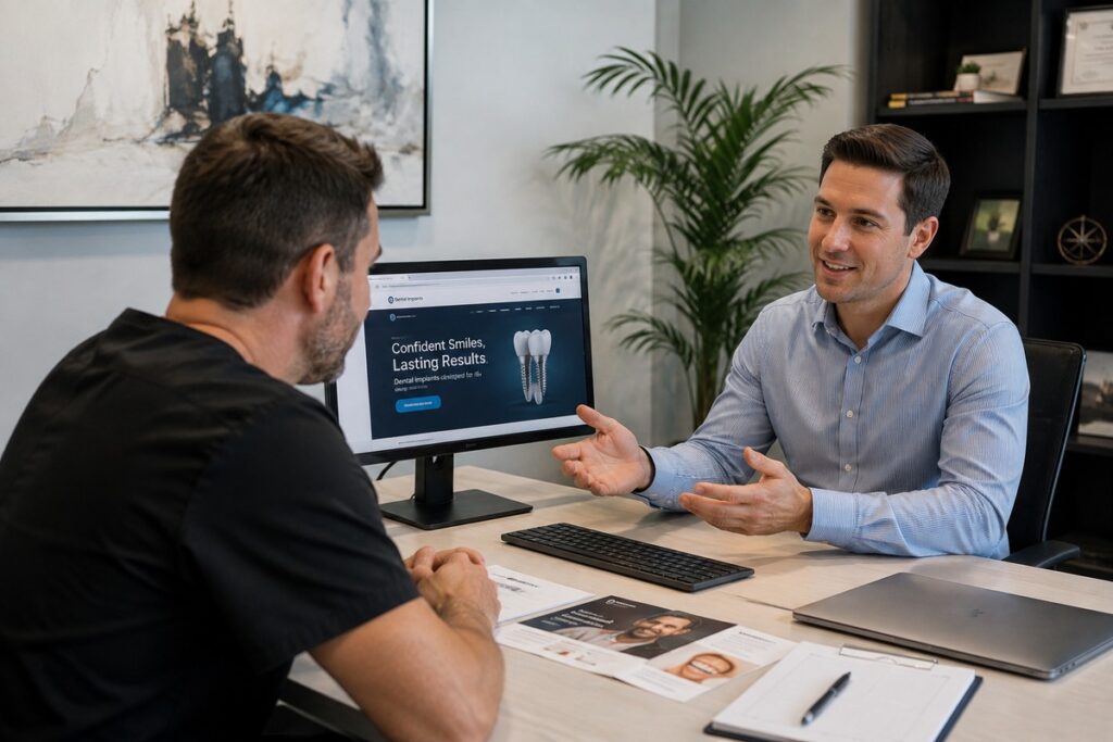 Parrot Branding web consultant presenting a dental implant website to a dental implant business owner.
