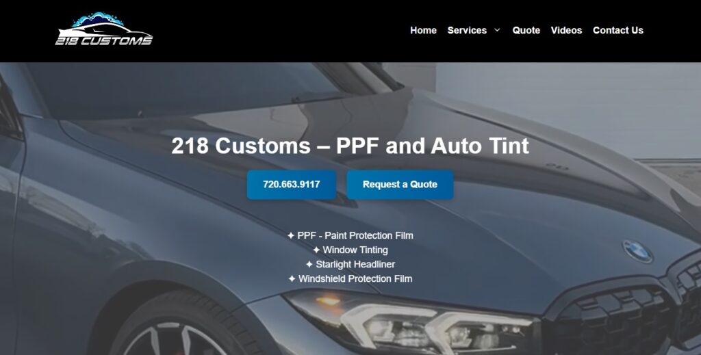 218 Customs homepage hero showcasing automotive services