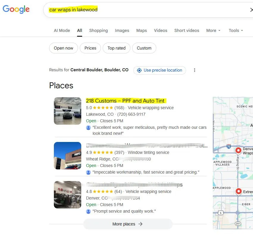 Google Maps screenshot showing 218 Customs ranked #1 for car wraps in Lakewood CO.