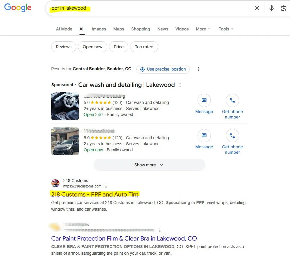 Google Maps screenshot showing 218 Customs ranked #1 for PPF in Lakewood CO.