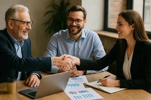 Business professionals shaking hands during a meeting with charts and laptop on the table.