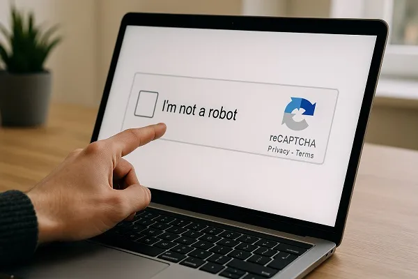 Photograph of a person pointing at the Google reCAPTCHA checkbox on a laptop screen for bot detection.