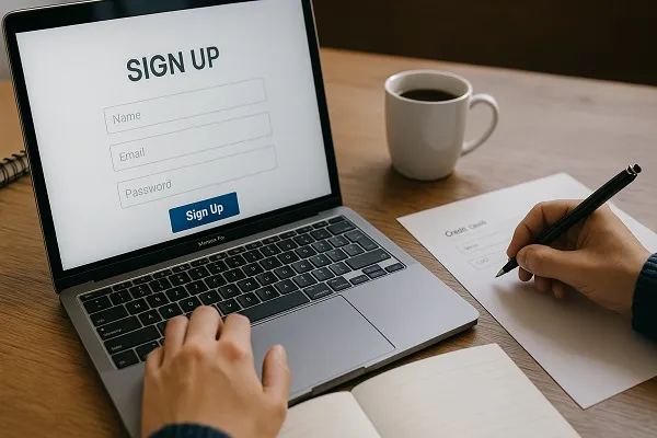 Person using a laptop with a signup form while filling payment details on paper beside coffee and notebook.