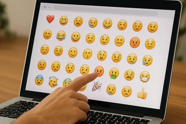 A person points at an emoji on a laptop screen filled with colorful emoji options.