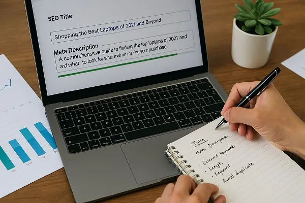 Person writing notes while editing SEO titles and meta descriptions on a laptop.
