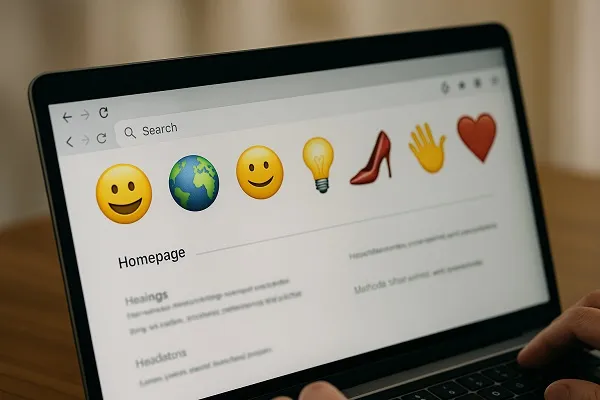 Laptop screen displaying multiple open tabs, each with a unique emoji as the favicon.