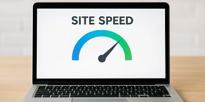 Fast website performance represented by a modern laptop with motion blur effects.