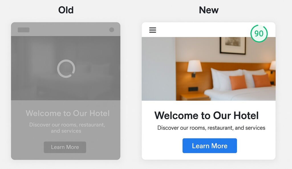 Parrot Branding case study showing a hospitality website transformation, with an outdated slow-loading site compared to a modern, fast design scoring high on Google speed tests.