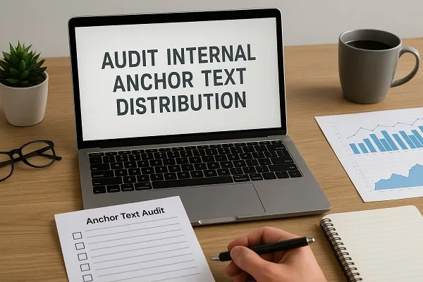 Laptop on desk showing "Audit Internal Anchor Text Distribution" with SEO reports and notepad.