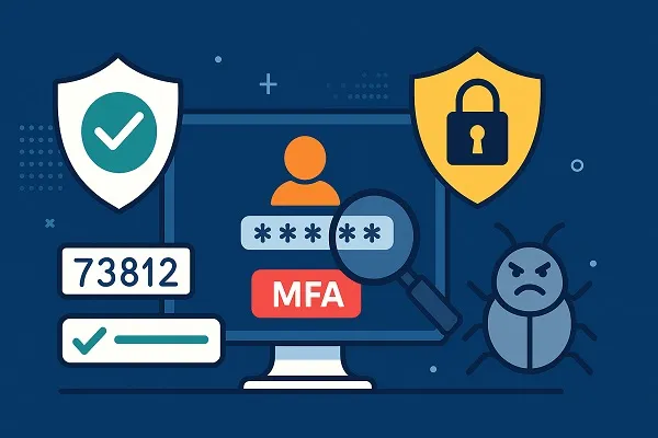 Illustration showing cybersecurity protections against brute force login attacks, including MFA, CAPTCHA, and password security.