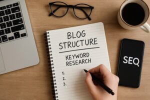 Desk with laptop, coffee, smartphone, and notebook showing blog planning notes.