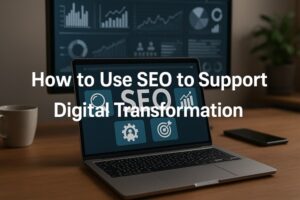 Laptop showing SEO graphics with analytics charts on a large screen in a modern office.