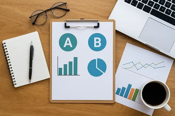 : Realistic office desk with laptop, graphs, notebook, coffee, and clipboard showing charts for A/B testing visuals.