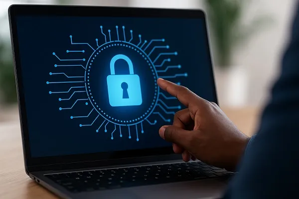 Photograph of a person pointing at a glowing digital padlock icon on a laptop screen representing advanced security.