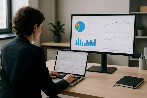 Professional working at a desk with laptop and monitor showing analytics dashboards and charts.