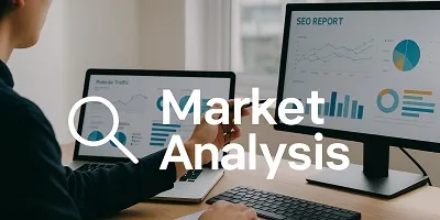 Market Analysis with SEO reports on laptop and monitor.