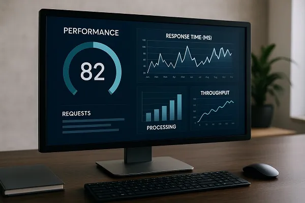 Monitor on a desk showing performance analytics with graphs for response time, throughput, and processing.