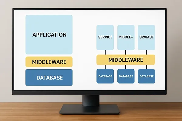 Computer monitor showing a side-by-side comparison of monolithic and microservices server structures with middleware and databases.