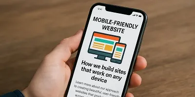 A person holds a smartphone displaying a mobile-friendly website design with colorful graphics of responsive screens and bold text explaining how sites are built to work on any device.