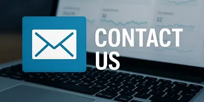 Contact Us icon with envelope symbol over laptop keyboard and SEO dashboard background.