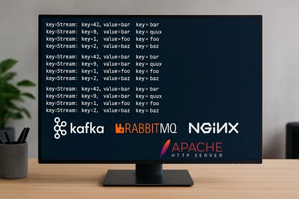 Computer monitor on a desk displaying middleware technologies such as Kafka, RabbitMQ, NGINX, and Apache with data streams.