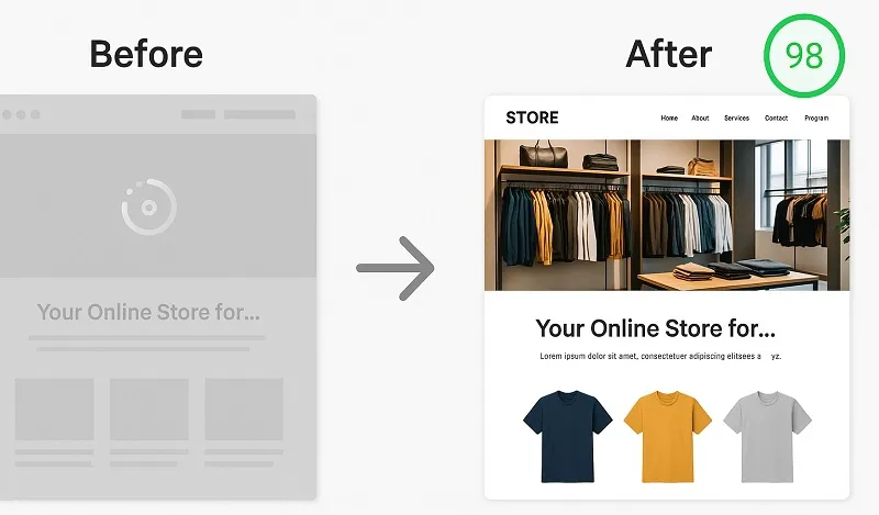 Parrot Branding case study showing a retail website transformation, with a grayed-out slow-loading old site compared to a fast, modern, SEO-optimized design.
